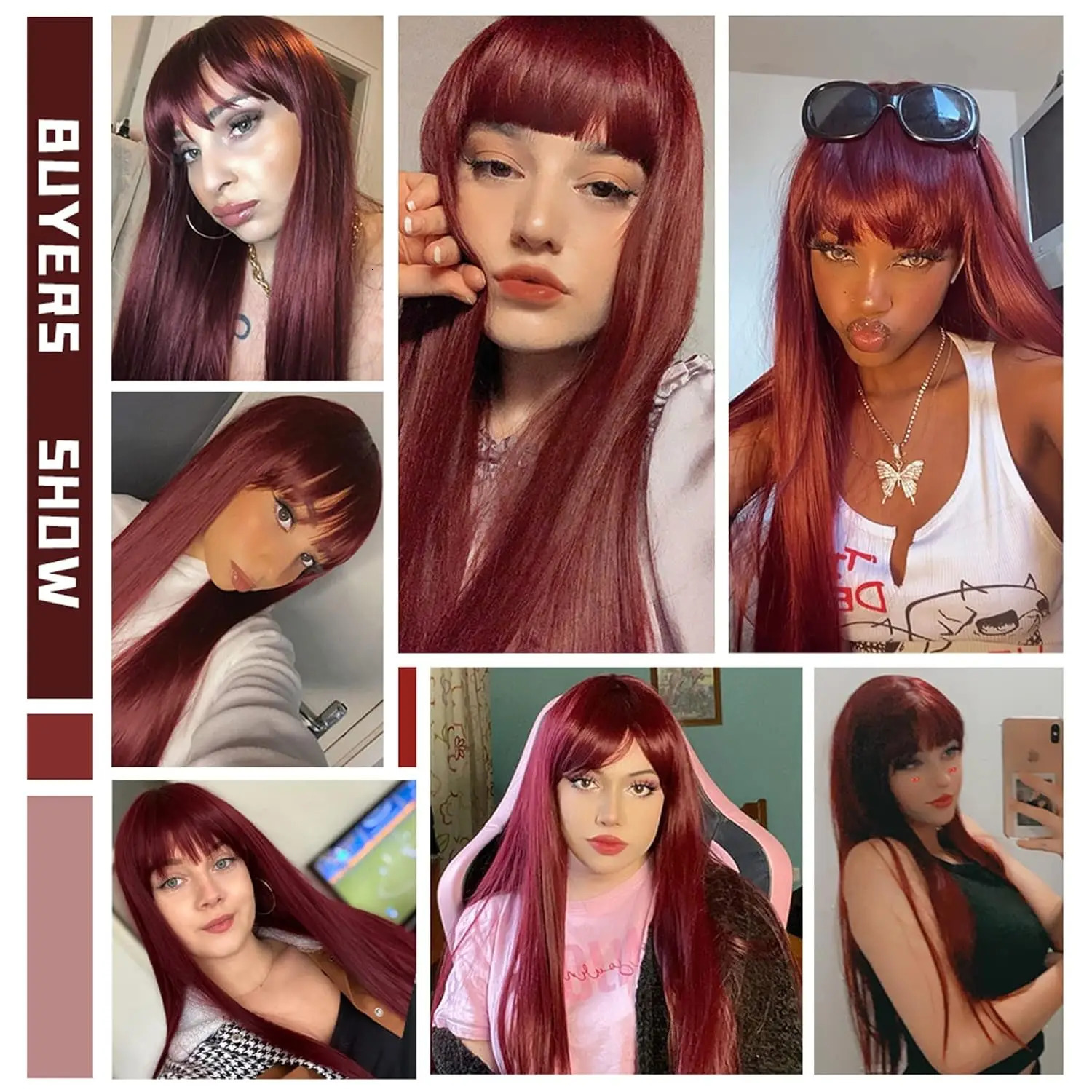 Light Wine Red Synthetic Wigs With Bangs for Women Long Straight Hair Wig Natural Cosplay Party Heat Resistant 250805
