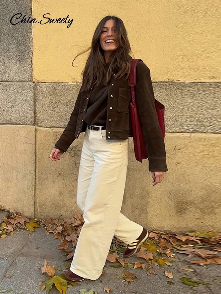 Fashion Womens Brown Jacket Brown Long Sleeve Turndown Collar Button Pocket Shoulder Pad Short Coat Spring Lady Vintage Outwear 250804