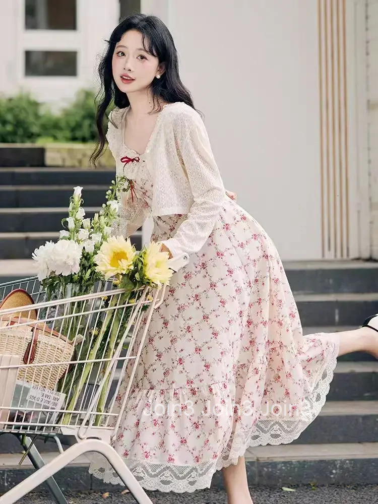 Summer Lovely Sweet Lace Print 2-piece Set Dress Women Design Chic Sling Pretty Dresses Casual Elegant New Knit Cardigan
