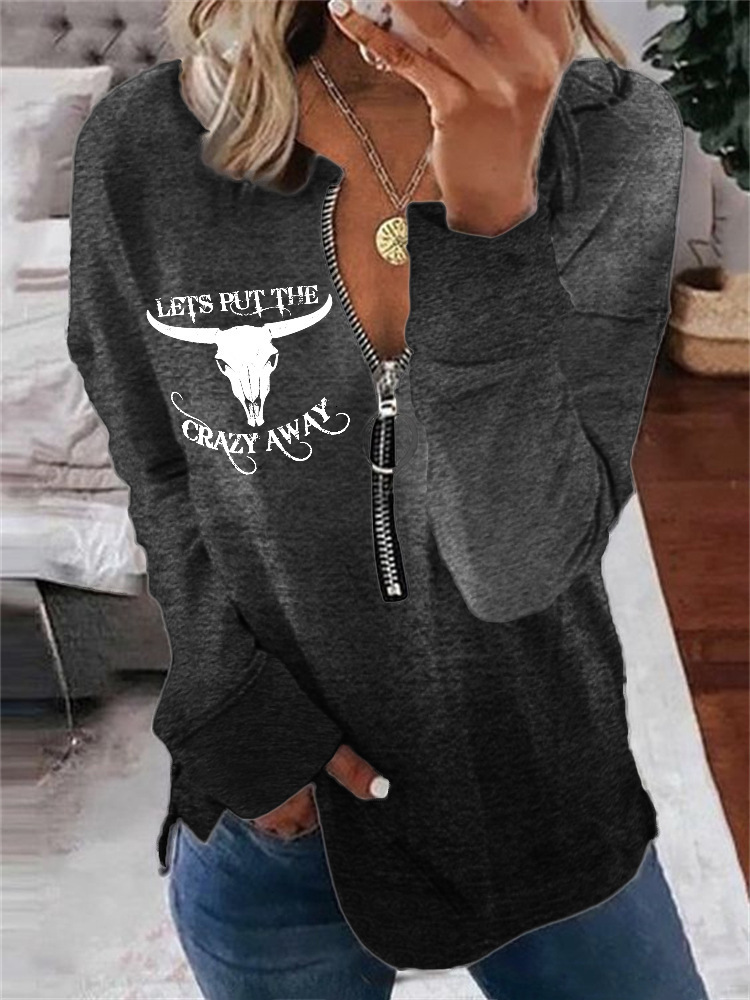 Autumn New Trendy Abstract Print Long Sleeve Half-Zip Hoodie for Women