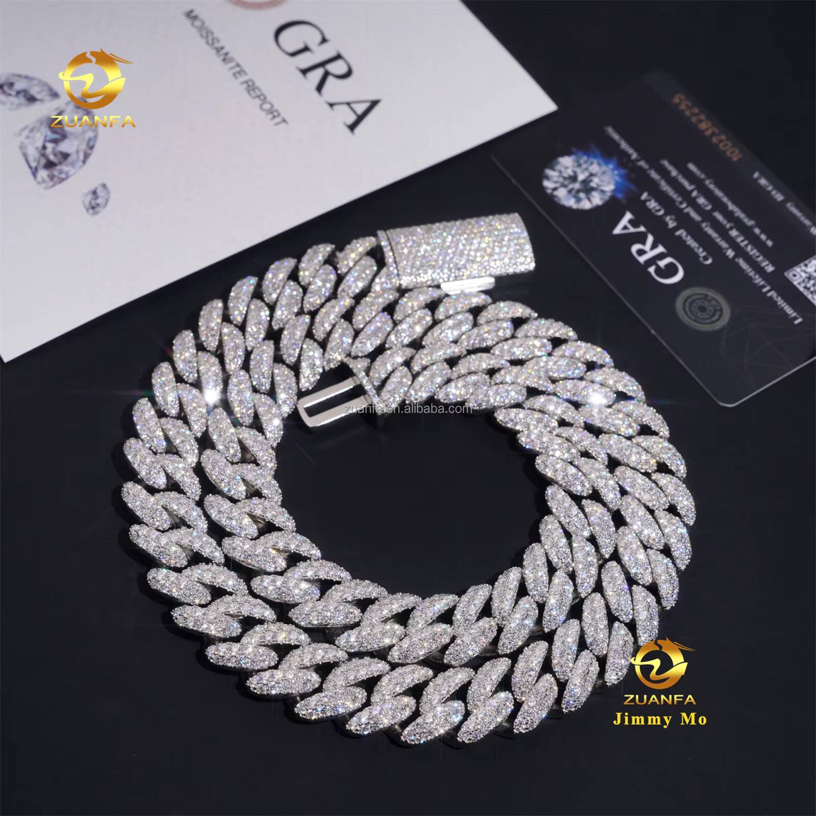 Customized Luxury Rapper Jewelry 16mm Prong Setting GRA 925 Silver Iced Out Hip Hop Moissanite Diamond Miami Cuban Link Chain