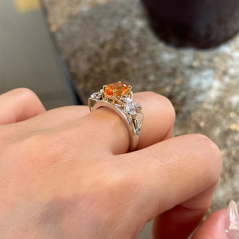 Hui Zhi Wing Jewelry Live Model S Silver Plated with Gold 7*9mm Oval Sunset Orange Ring Fashionable OL Style