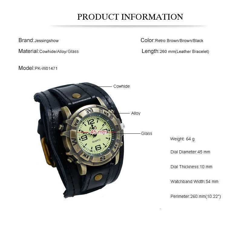 Retro Genuine Leather Str Men Punk Style Quartz Cuff Wrist Bracelet Unusual Wrist W250806