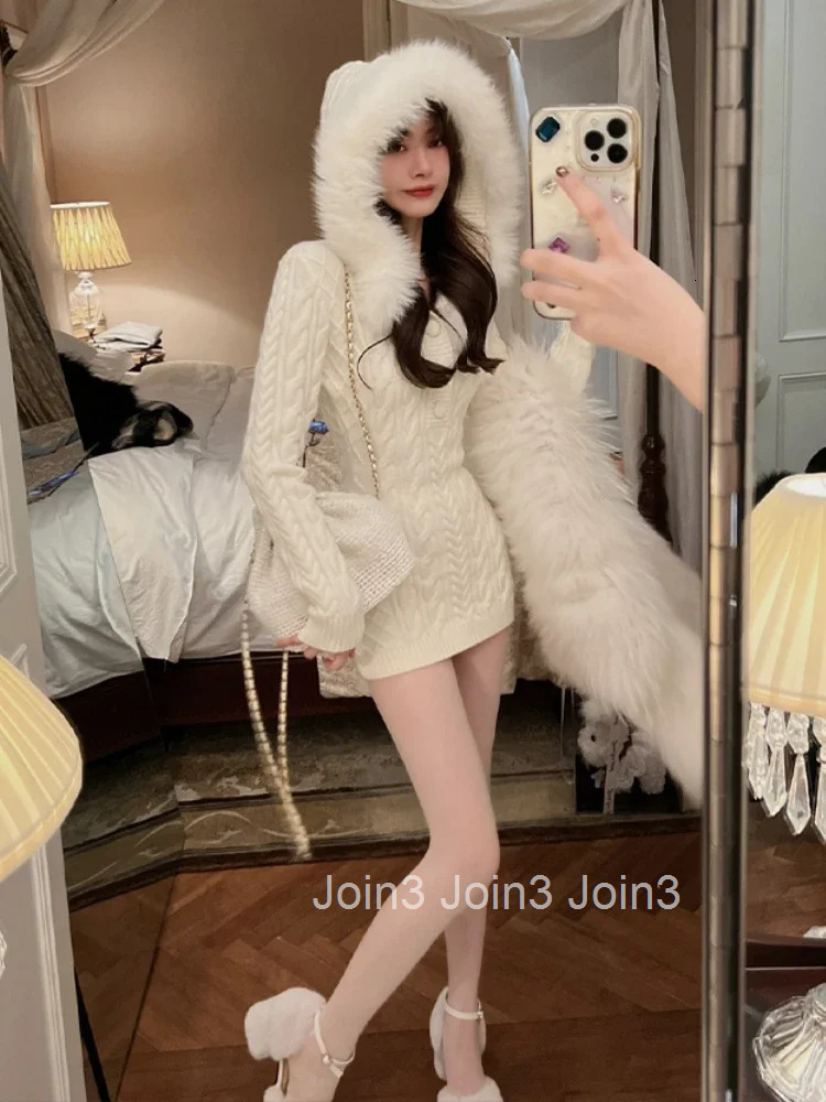 Winter Knitted Sweater Dress with Hooded Women Slim Bodycon Y2k Mini Dress Faux Fur Female One Piece Dress Korean Elegant