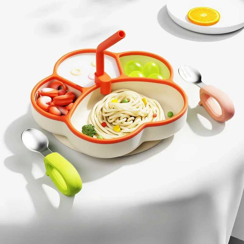 Baby Silicone Dining Plate with Straw Cute Cat Claw Child Dishes Baby Feeding Toddler Training Tableware Kids Plate Dishes Bowl X250806