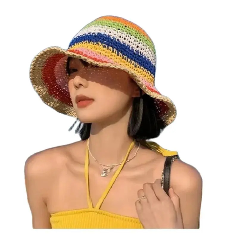 Sun Hat Womens Summer Sun Protection UV Protection 2024 Beach Vacation Fisherman Hat Rainbow Colorful Striped Basin Hat 250805