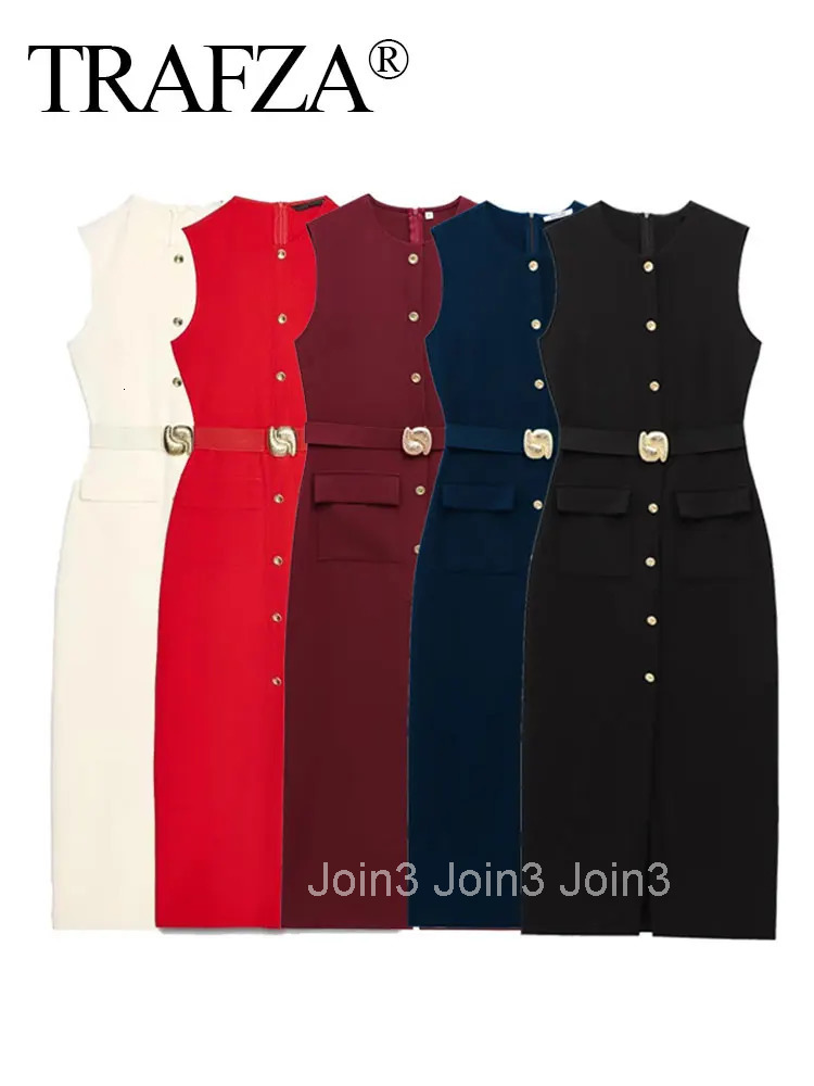 Female Summer Elegant Midi Dress O-Neck Hem Slit With Belt Sleeveless Single Breasted Back Zipper Fashion Long Dress