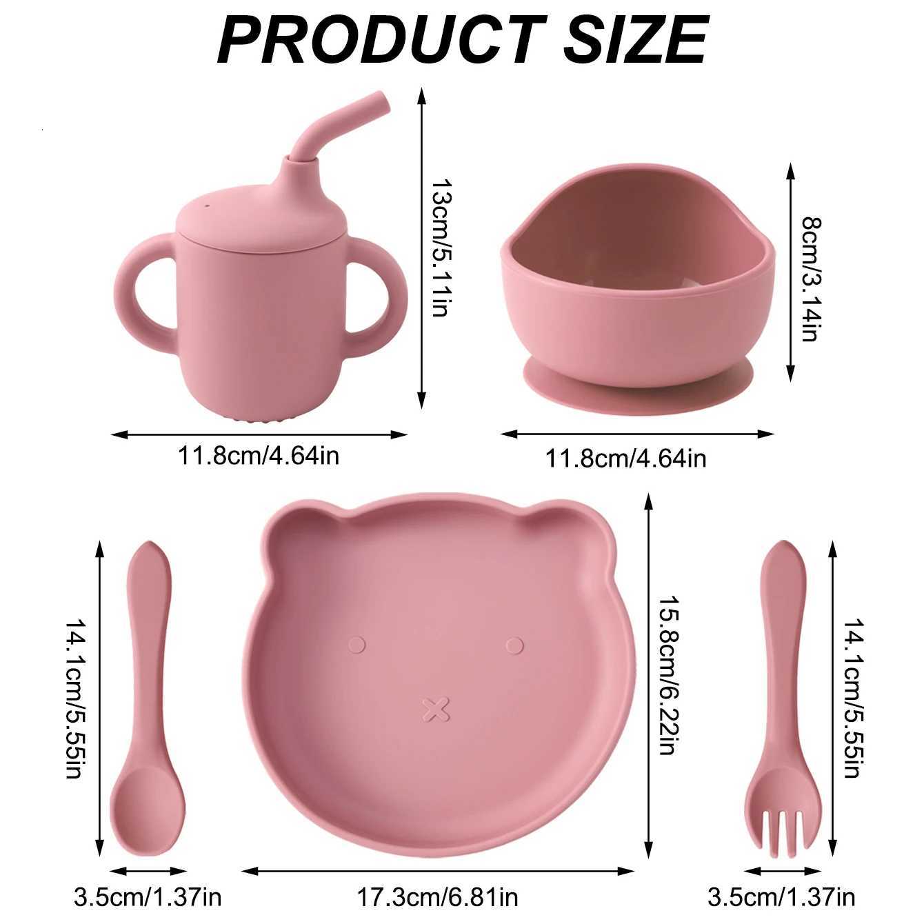 5PCS Color Kids Silicone Dinnerware Set Suction Bowl BPA Free Baby Dishes Plate Cup For Feeding Spoon Fork Training Utensils X250806