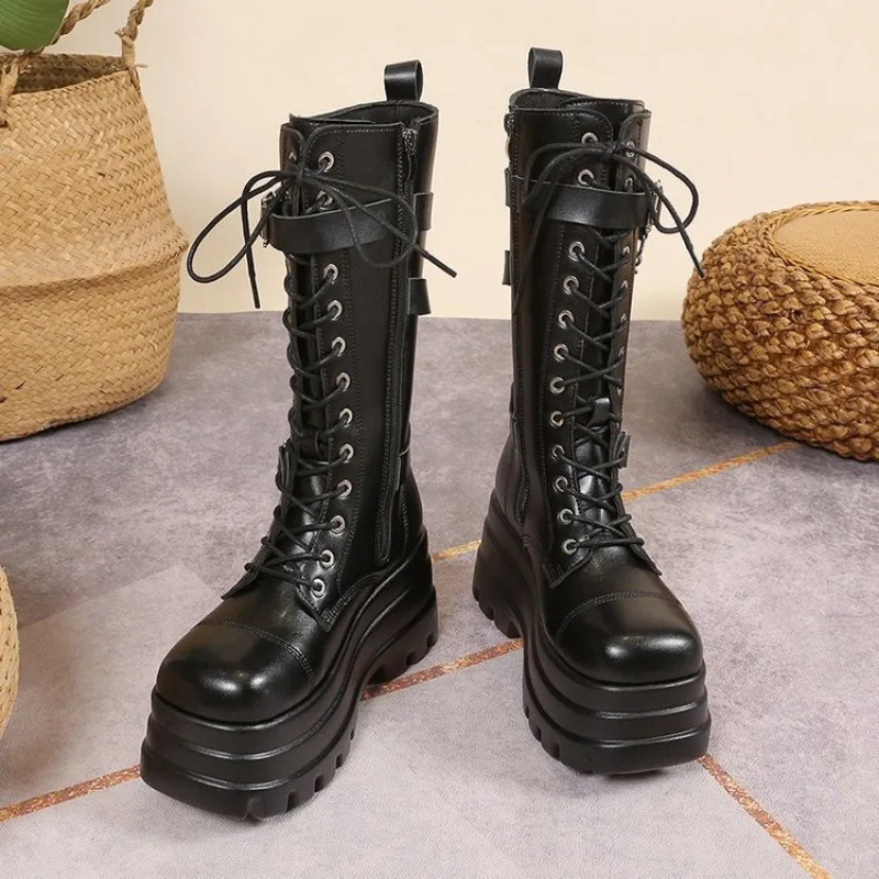 Plus Size 43 Autumn Women Boots Buckle Round Toe Wedges Platform Punk Goth IN Street Shoes Combat for 250801