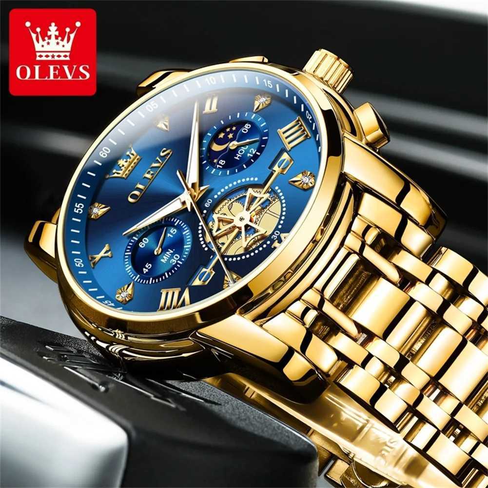 OLEVS Mens es Classic Multifunctional Flywheel Design Stainless Steel Waterproof Moon Phase Mens Wristwatches 2024 Trend W250806