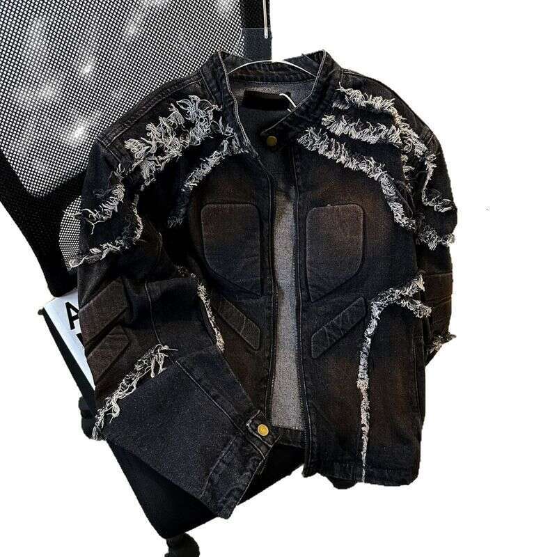 Men's Distressed Embroidered Denim Jacket With Shoulder Pads - Retro Style Biker Coat For Men, Stand Collar Loose Fit Casual Outerwear