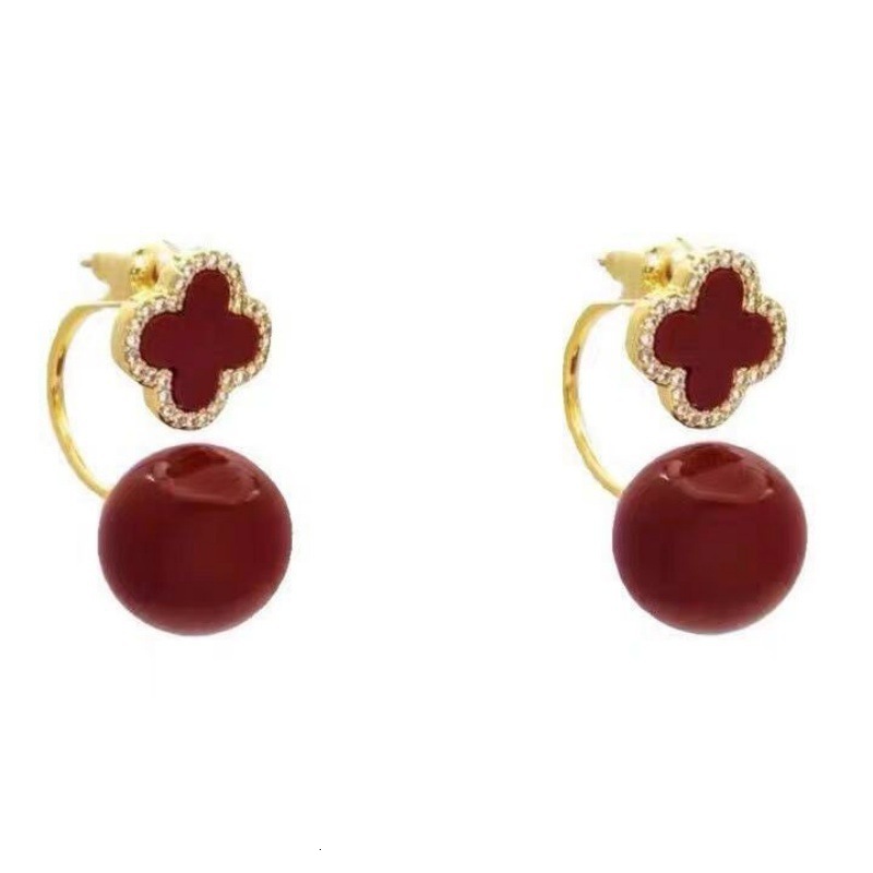 Free Shipping Designer Luxury Jewelry Red Four-leaf Flower Pearl Earrings Front And Back Wear 925 Silver Needle Stud Earrings New Ear Accessories