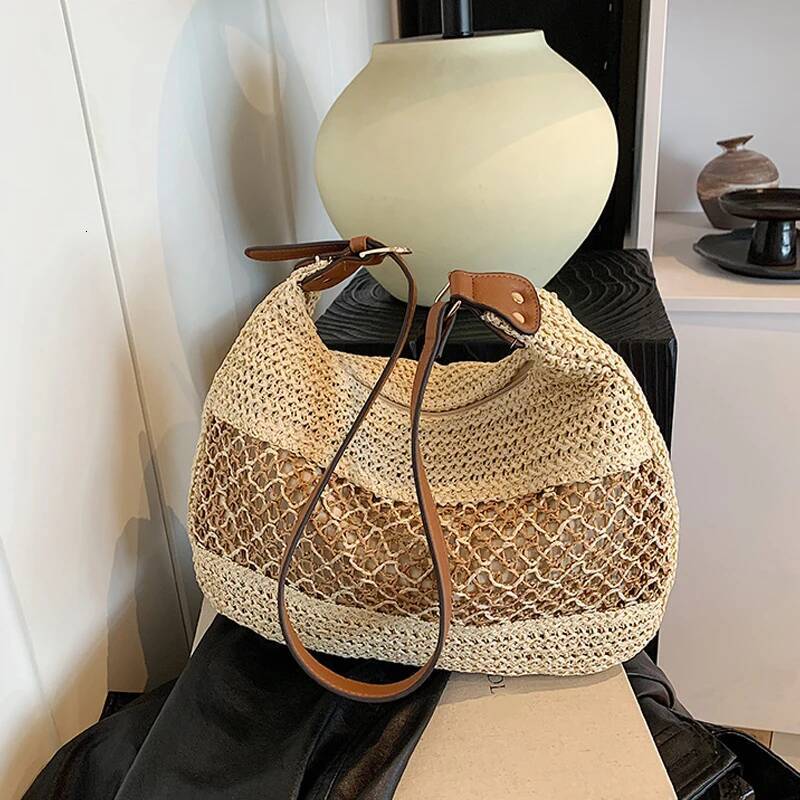 Large Capacity Summer Straw Weaving Shoulder Women's Handmade Crochet Beach Handbag Woven Hollow out Underarm Knitting Bag