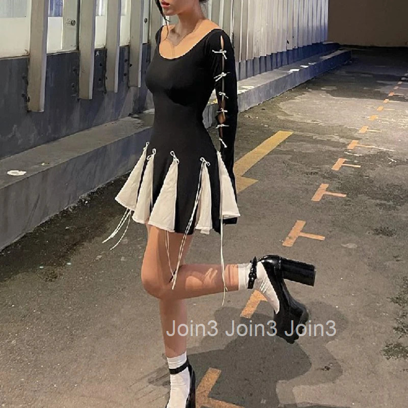 Black Mini Dress For Women Autumn Patchwork Fashion Flare Sleeve Bandage Sexy O-Neck A-LINE Dress Casual Club Elegant Partywear