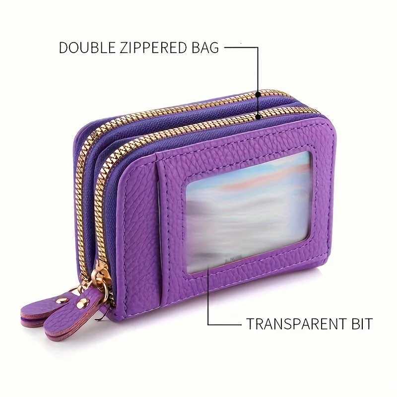 Womens Leather Holder Double Zipper with ID Window and Coin Purse - Securely Store and Organize Your Cards with Large CapacityXJ250806