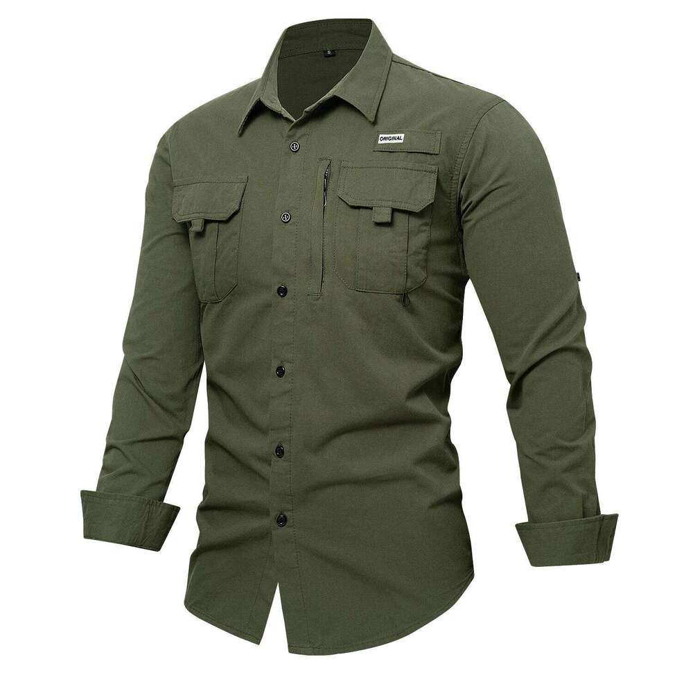 2025 New Fashion Mens Safari Shirts Long Sleeve Solid Color Roll-Up Sleeves Button-Down Casual Shirt with Two Pockets