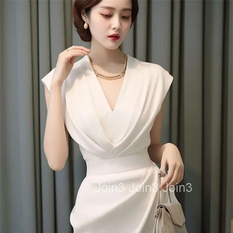 Summer New White Elegant Womens Formal Dress Vintage V-Neck High Waist A-Line Midi Dress Celebrity Evening Party Vestidos 029P
