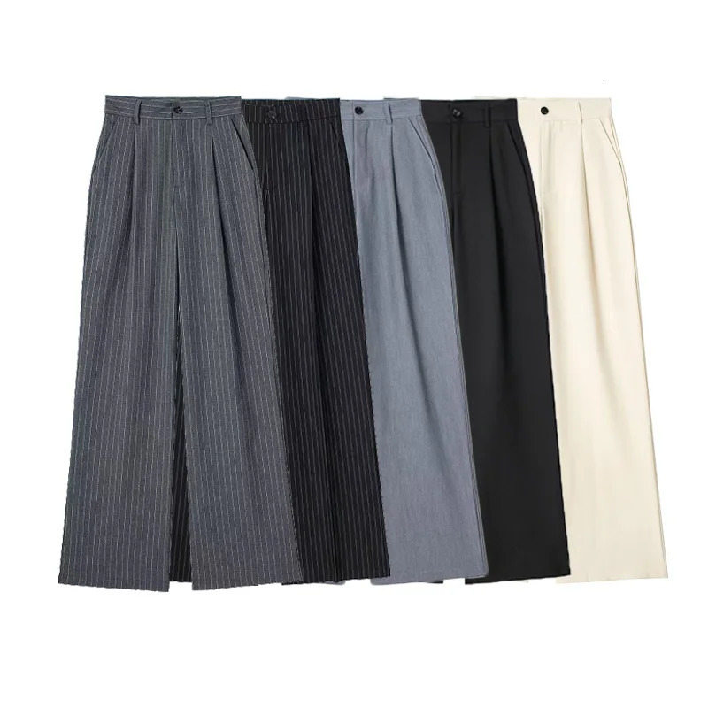 TRAF Striped Straight Pants Autumn Womens Elegant Pleated Long Ladies Fashion Casual Office Beige Grey Black 250806