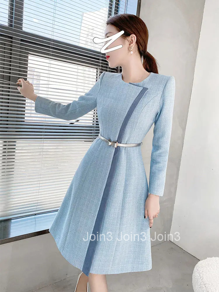 Autumn/Winter High End Temperament Blue A-line Elegant Dress Socialite Commuting Belted Waist Slimming Maxi Dress for Women