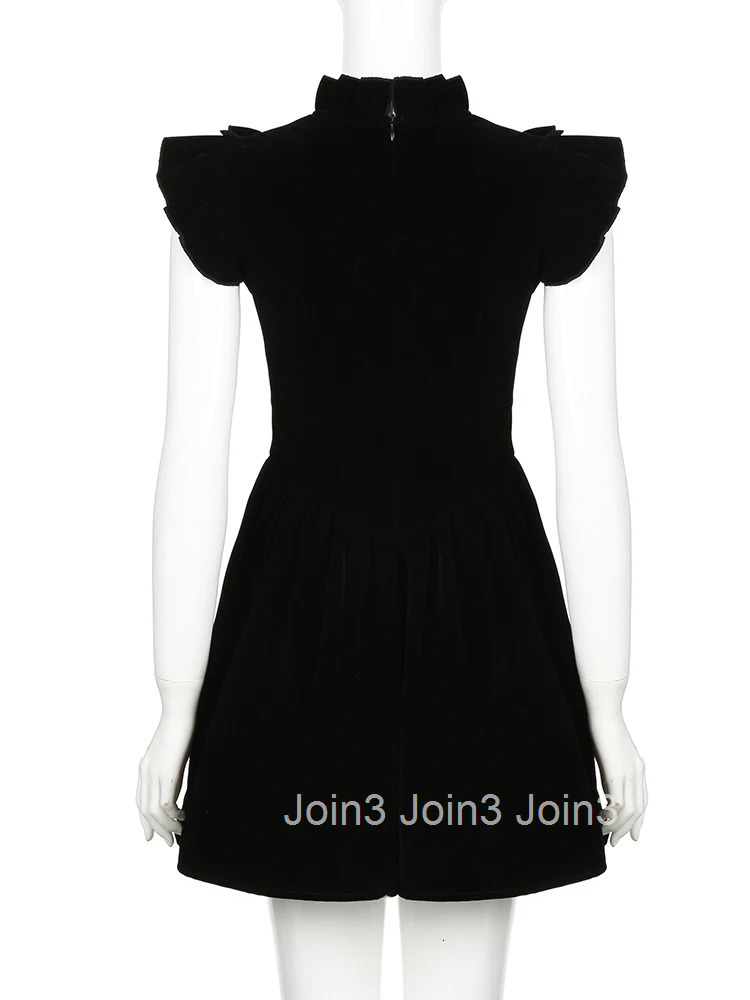 IAMSURE Elegant Fashion Velvet A-Line Dress Slim Solid Ruffles Sleeveless Mini Dresses For Women Autumn Winter Streetwear