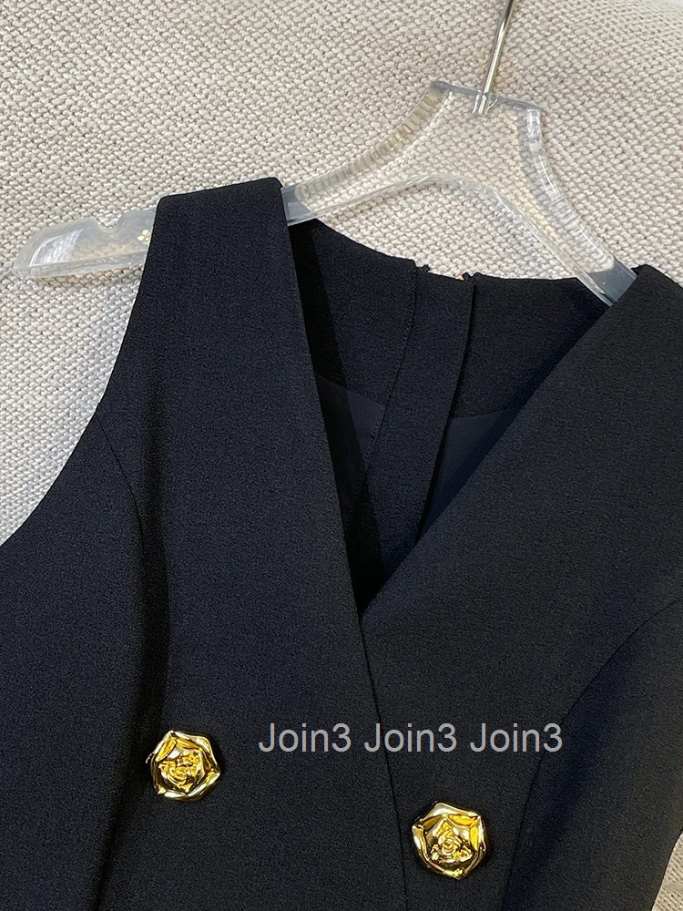 French Elegant Sleeveless A-Line Dress Women Summer Black Classic Party Style V Neck Vest With Gold Button Detail Office Clothes