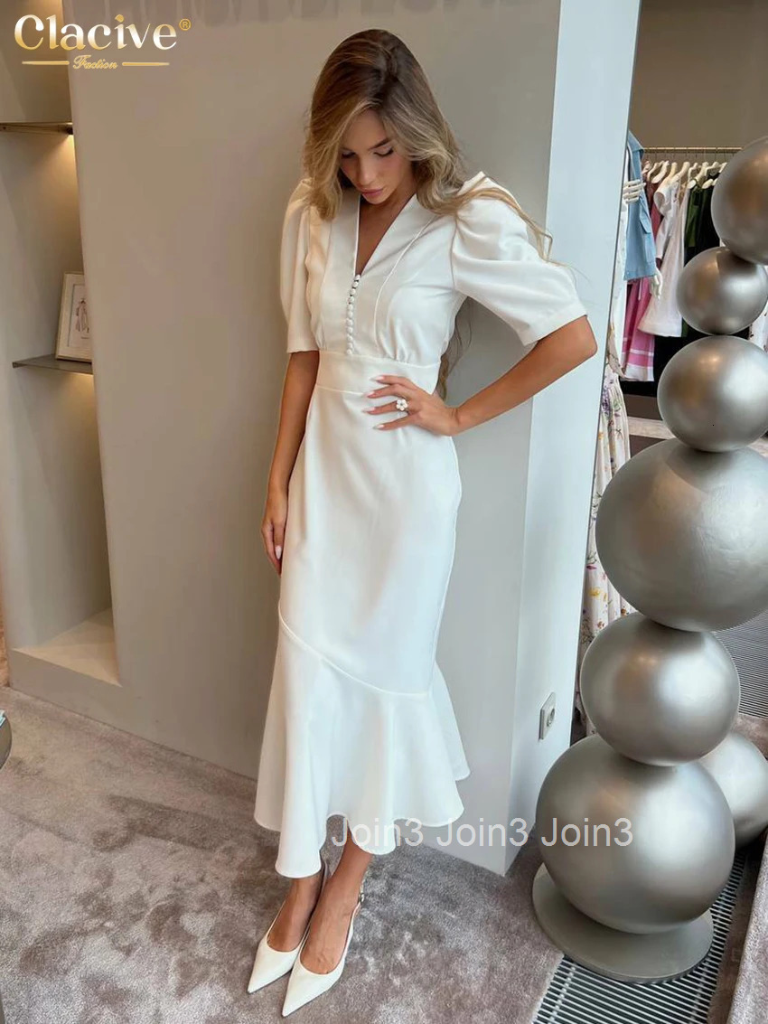Clacive Summer Slim White Womens Dress Fashion V-Neck Short Sleeve Midi Dresses Elegant Classic High Waist Female Dress