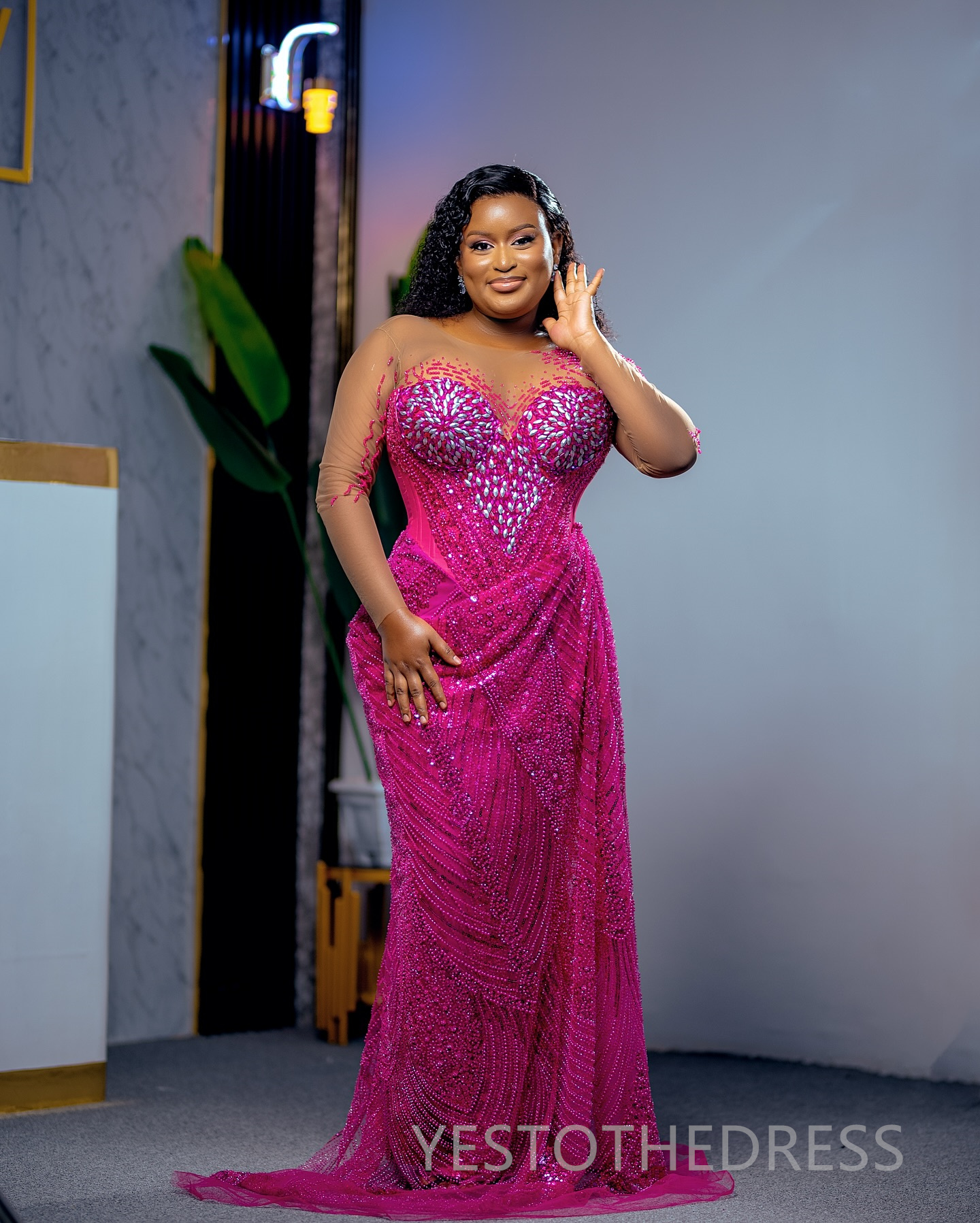 2025 Plus Size Fuchsia Prom Dress Evening Dresses Formal Gowns Long Sleeves Gorgeous Sheer Neck Beaded Lace Pearls Birthday Dress Second Reception Gow