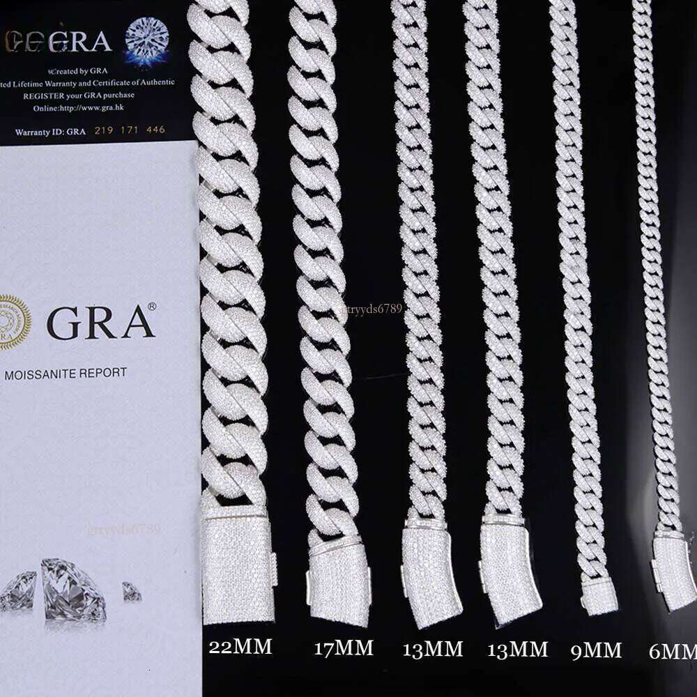 High designer braceletIced Out 6mm-13mm Vvs Moissanite Dia S Sterling Sier Cuban Link Chain for Mens Hiphop Jewlery