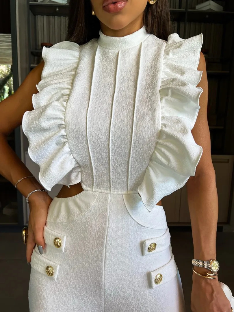 Summer Women Jumpsuit One Front Ruffle Jumpsuit Sleeveless Wide Leg Long Pant Bodysuit Fashion Fit Casual Streetwear 250804