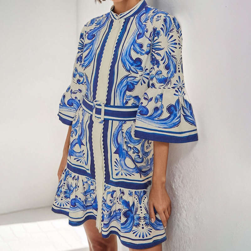 Spring New Women's French Style Round Neck Waist-Cinching Flared Sleeve Printed Dress B5