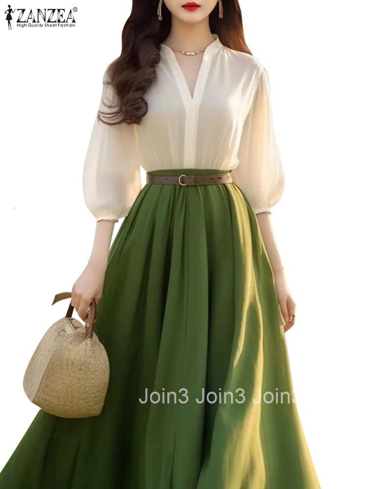 Women Lantern Half Sleeve Dresses Elegant Summer Dress Spring A-Line Office Lady Vestidos Casual V-Neck Party Robes