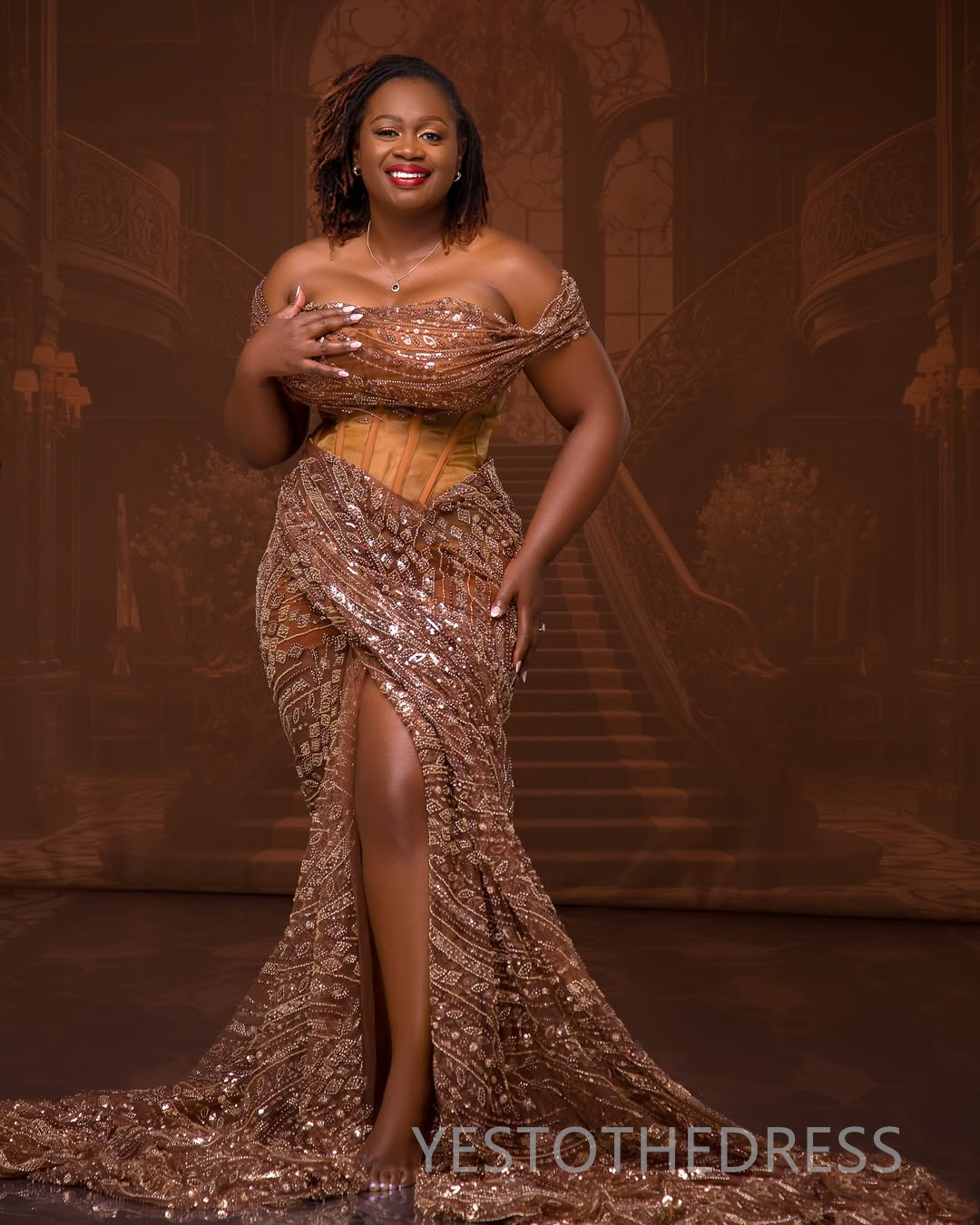 2025 Plus Size Prom Dress Evening Dresses Formal Gowns Off Shoulder High Split Sexy Beaded Lace Birthday Dress Second Reception Gowns For Black Women 