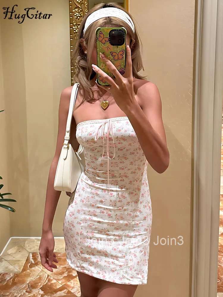 Hugcitar Floral Print Strapless Backless Lace Up Sexy Bodycon Mini Prom Dress Summer Women Fashion Outfit Beach Party Vacation