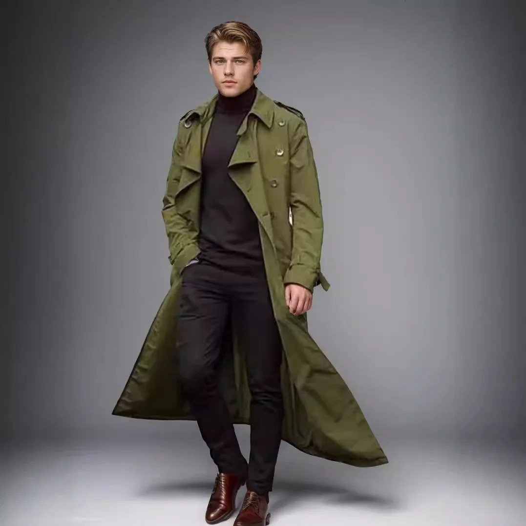 Men Trench Turn Down Collar Long Coat Button Jackets Full Sleeve Casual Solid Coats Straight Pocket Male High Street 250805