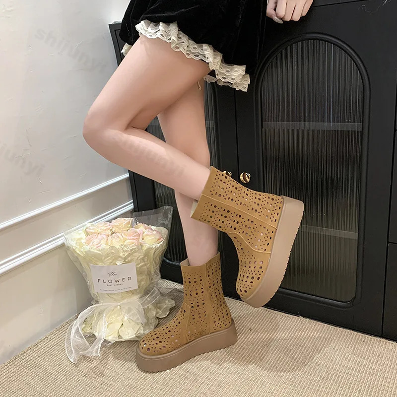 Women Short Boots 2025 Summer Suede Vintage Hollow Out Women Ankle Boots Anti-slip Fashion Breathable Platform Female Boots 250805