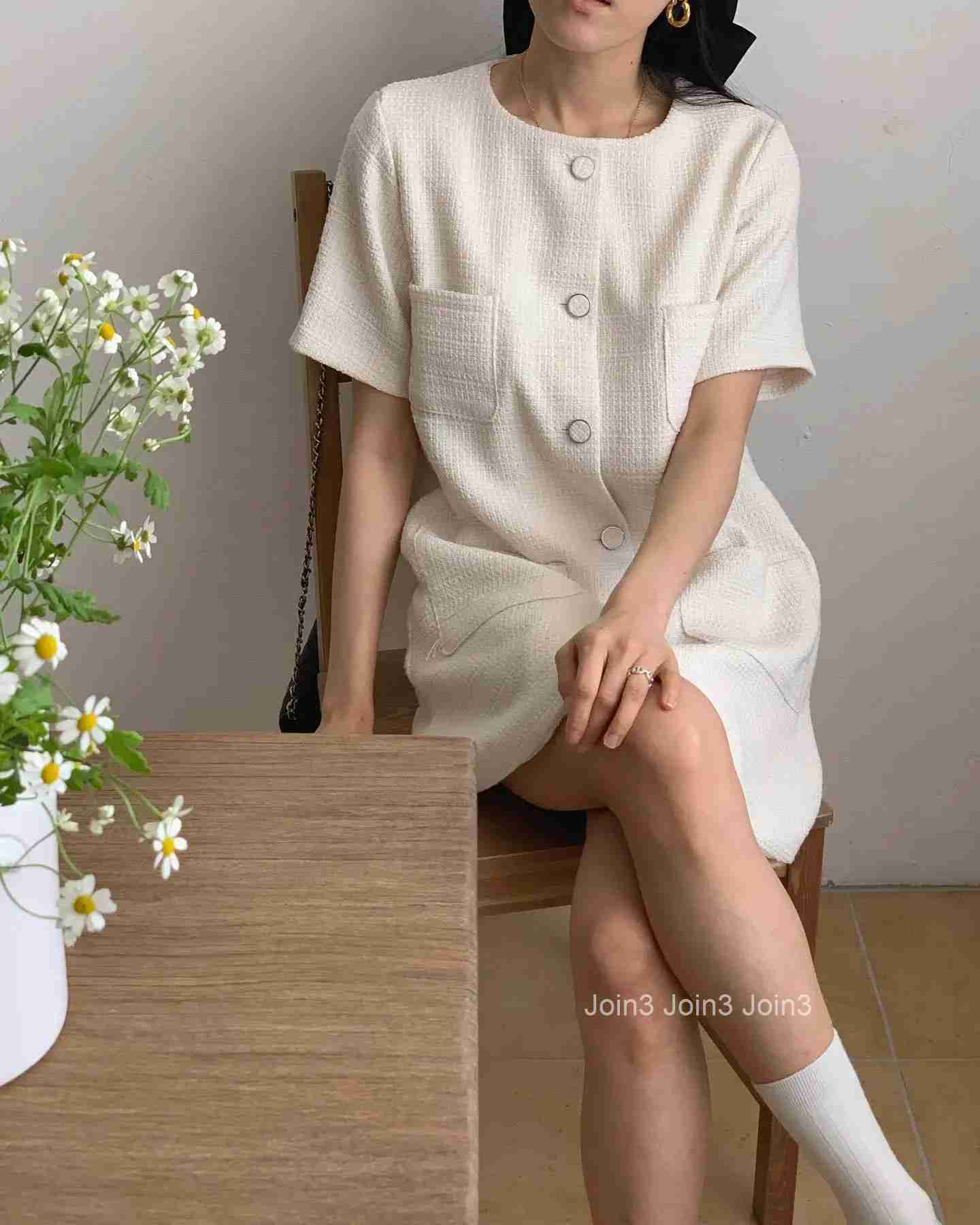 New Spring Summer Sweet Tweed Short Dress Round Neck Short Sleeve Korea Chic Women Dress Button Fashion Female Clothing