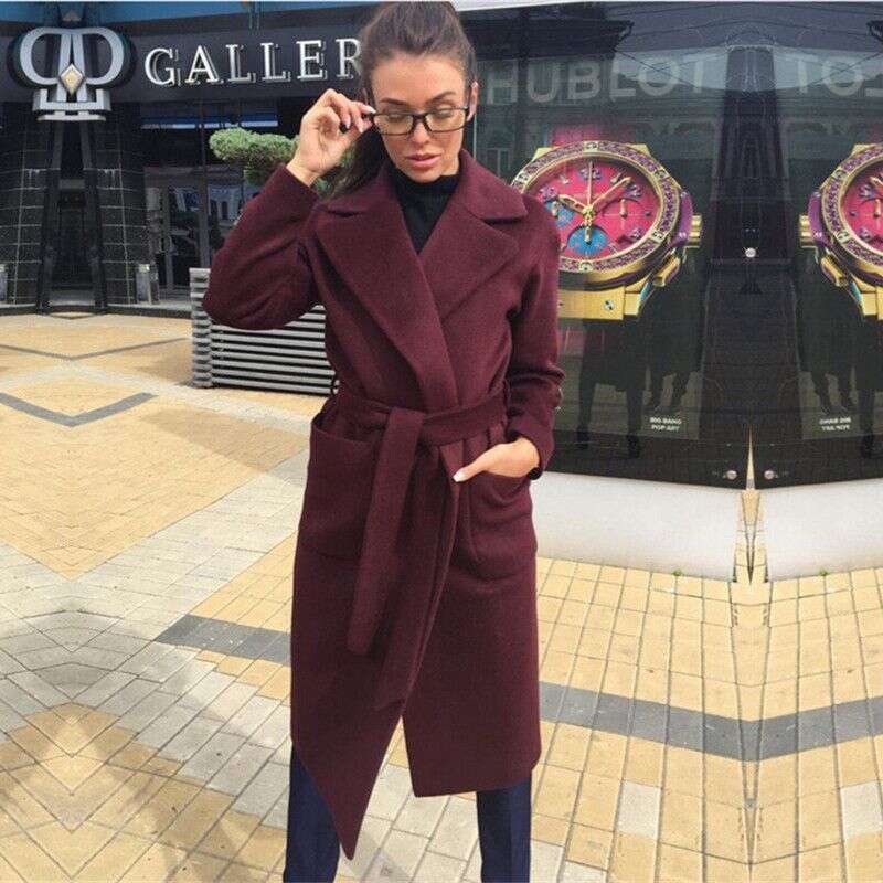 Women's Fashion New Lapel Long-Sleeved Lace-Up Solid Color Woolen Long Coat For Women