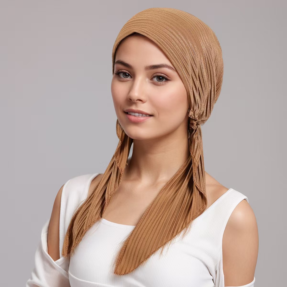 T1403 elastic pleated fabric headscarf with elastic adjustment, comfortable and breathable long tail hat
