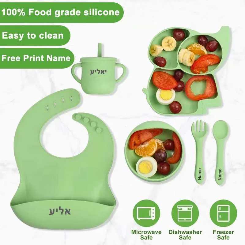 Silicone Baby Feeding Set Soft Silicone Sucker Plate Bowl Elephant Plate Personalized Name Feeding Bib Apron Childrens Dishes X250806