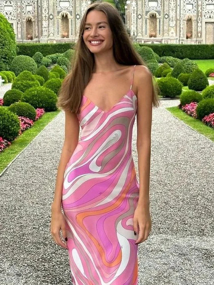 Striped Rainbow Spaghetti Strap Split Dress Women Sleeveless Backless V-neck Beach Dresses Summer Party Chic Lady Robe 250801