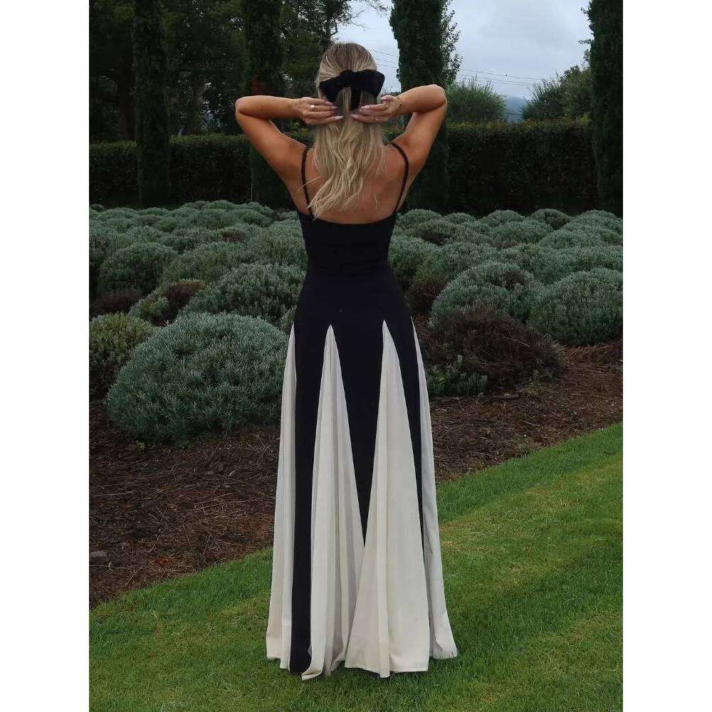 Designer Clothing 2025 Fashion Contrast Patchwork Pleated Sling Dress Elegant Backless Sleeveless Women High Waist Vestdio New Lady Slim Fit Party Gow