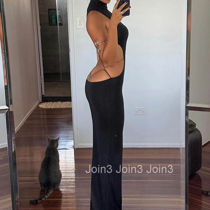 Sexy Backless Black Maxi Dresses For Women Summer Sleeveless Elegant Bodycon Halter Long Dress Casual Party Vestidos