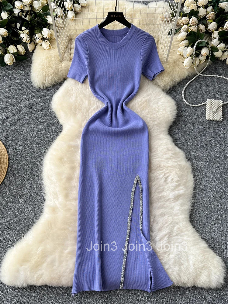 Senior Luxury Slim Dress Ladies O-Neck Bodycon Sequins Split Chic Design Summer Fashion Knitted Women Sexy Midi Dress