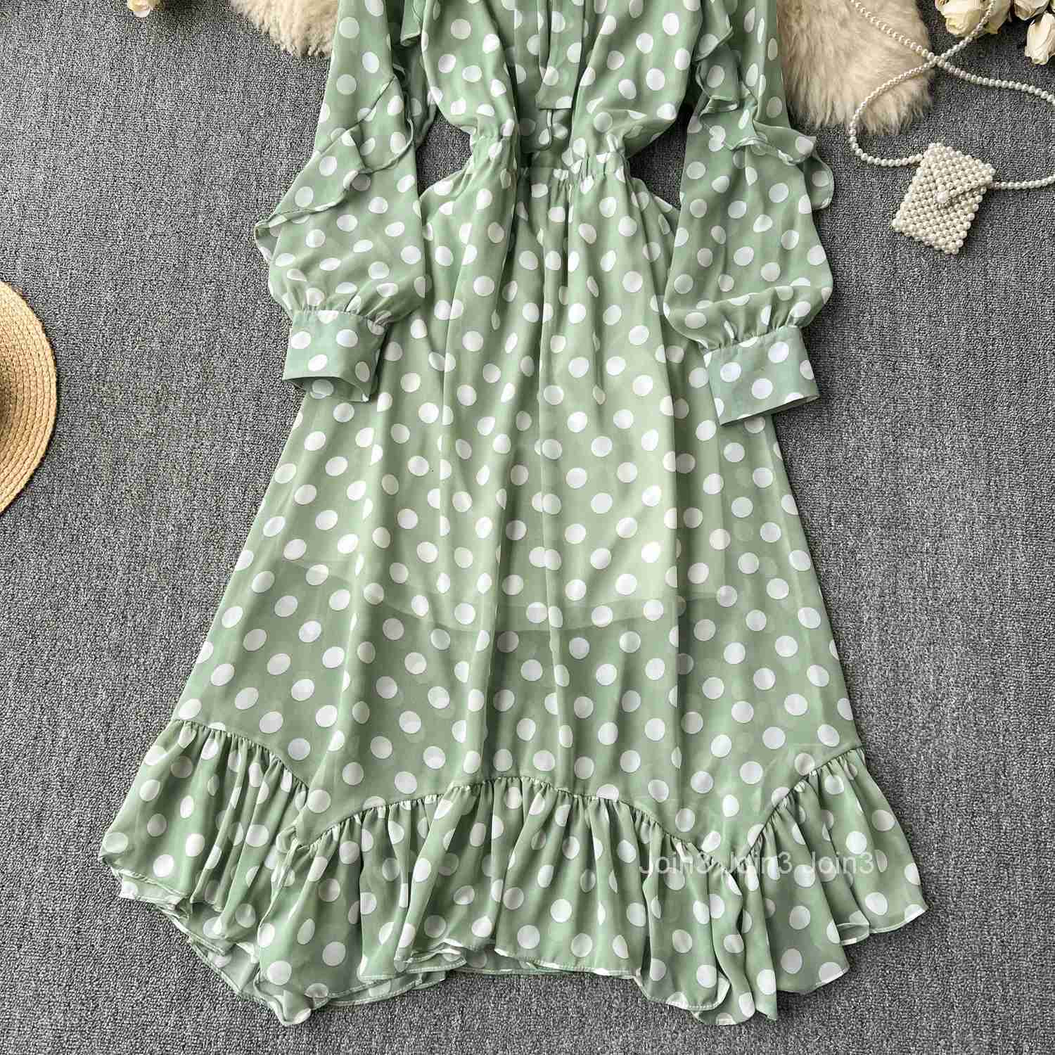 Retro Elegant Pleated Puff Sleeves dot sweet Dress Beach Vacation Casual Women A-LINE chiffon Fashion Summer basics Dresses