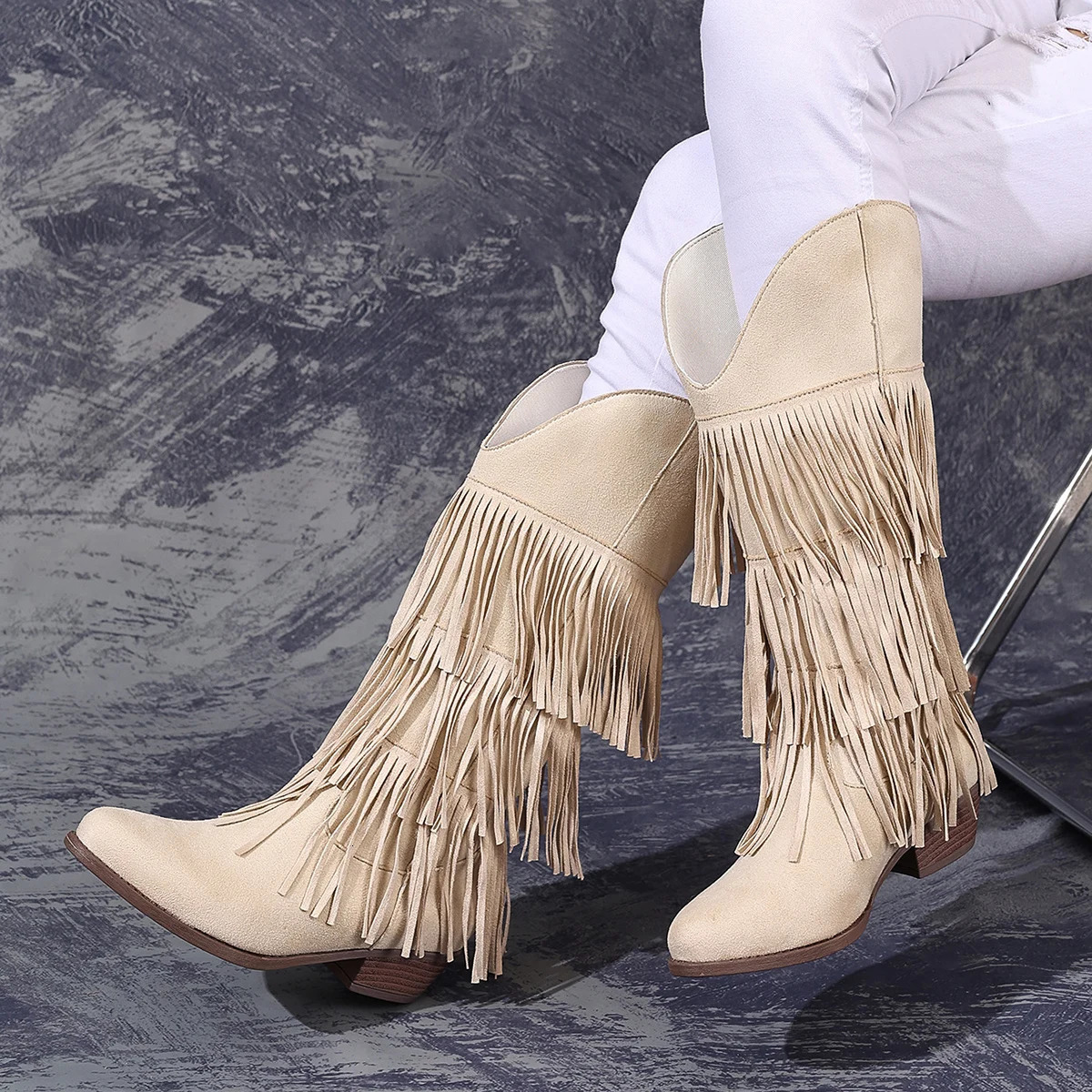 Three-layer tassel round head thick heel fashionable and versatile western cowboy European and American high top womens boots 250805