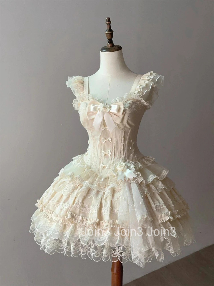 Japanese Sweet Princess Lolita Elegant Woman Party Dress Y2k Chic Bow Fairy Vintage Dress Slim Flower Lace Retro Outfits Summer