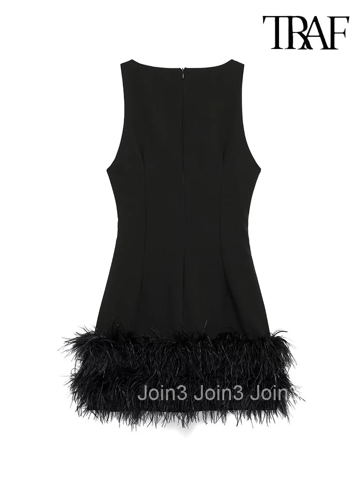 TRAF Womens Fashion Elegant French Splicing Feather Mini Dress Womens Sleeveless Round Neck Party Dresses Evening Gowns