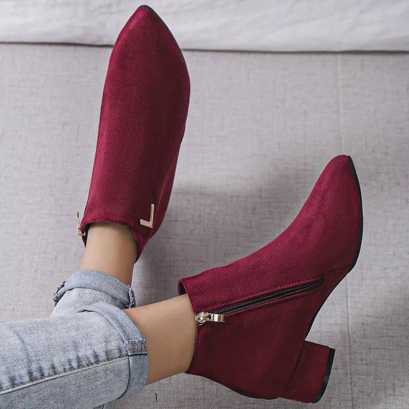Burgundy Faux Suede Ankle Boots Women Spring Autumn 2025 Classic Metal Decoration Boots Woman Zipper Pointed Toe Botas Mujer 250805