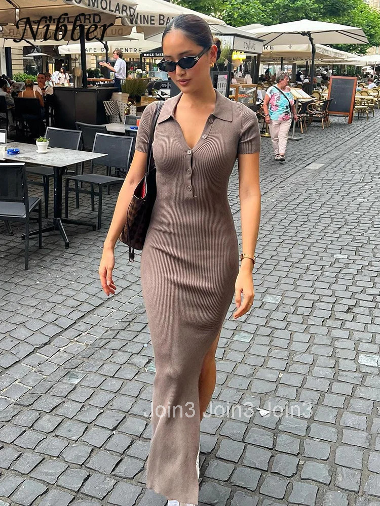 Solid Color Maxi Dress Summer Clothes For Women Elegent Middle collar Single-breasted Dresses Streetwear Party Travel