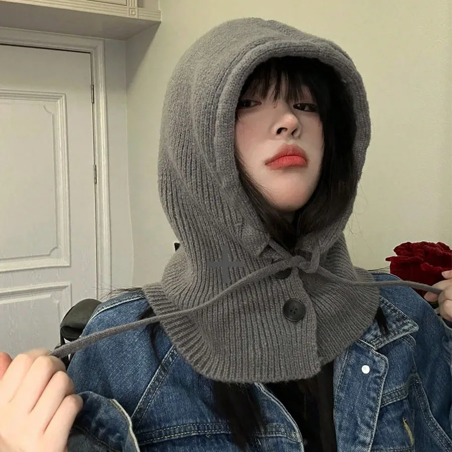 Winter Fashion Knitted Hooded Hat Women Grey Neck Cover Balaclava Beanies Korean Trend Y2k Wool Pullover Hat 250806
